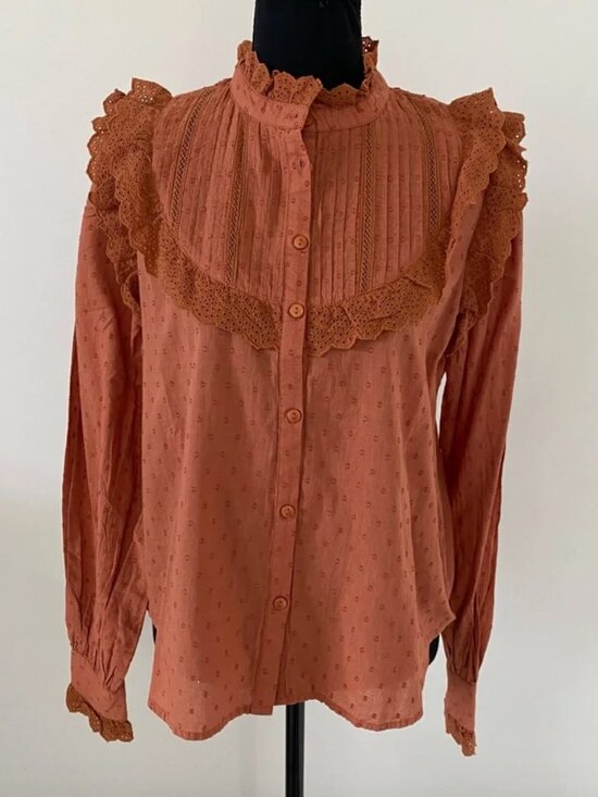 Love The Label Tops - Love the Label Women's Rust Orange Cotton Eyelet Long Sleeve Blouse - Size: S